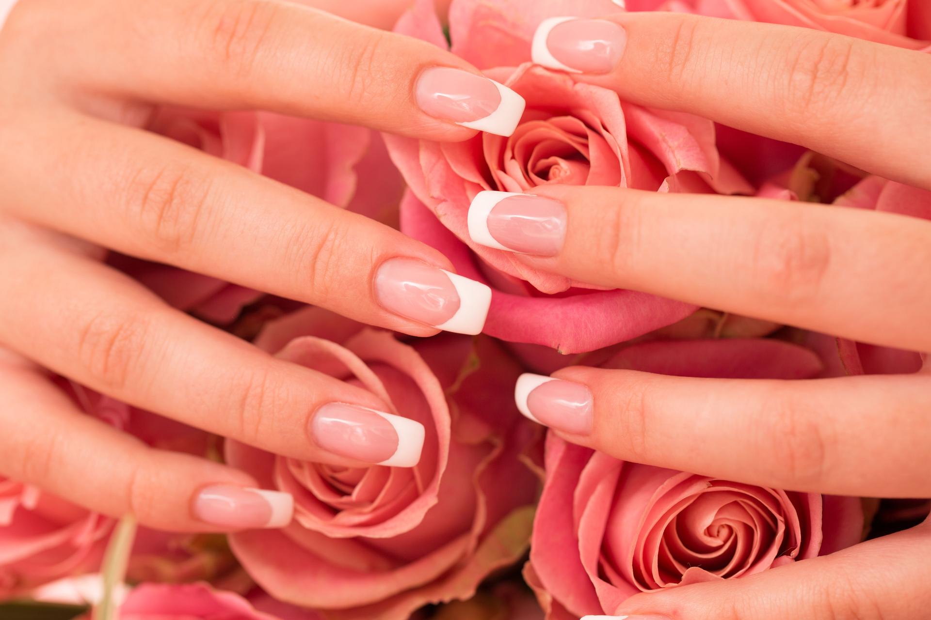 Manicured Woman´s Fingernails against Blooming Roses